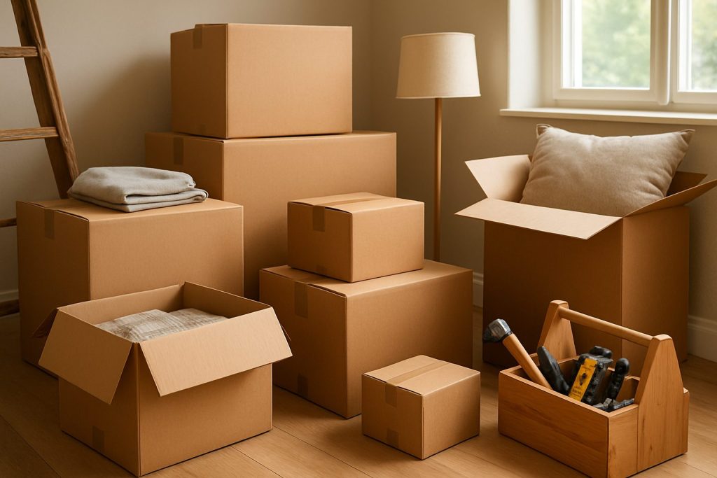 A collection of cardboard boxes and a tool kit in a well-lit room, suggesting a packing scene.
