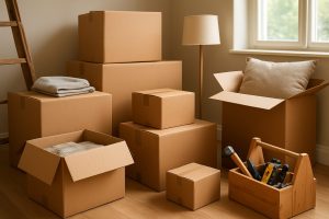 A collection of cardboard boxes and a tool kit in a well-lit room, suggesting a packing scene.