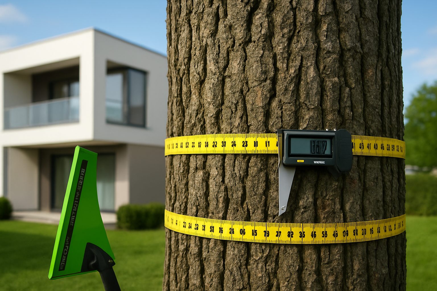 Close-up view of a tree being measured with a digital caliper and tape measure, highlighting tree assessment tools.