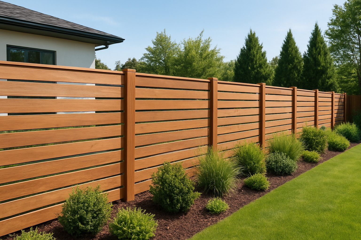 A wooden slatted fence borders a well-maintained yard with shrubs and grass under a clear sky.