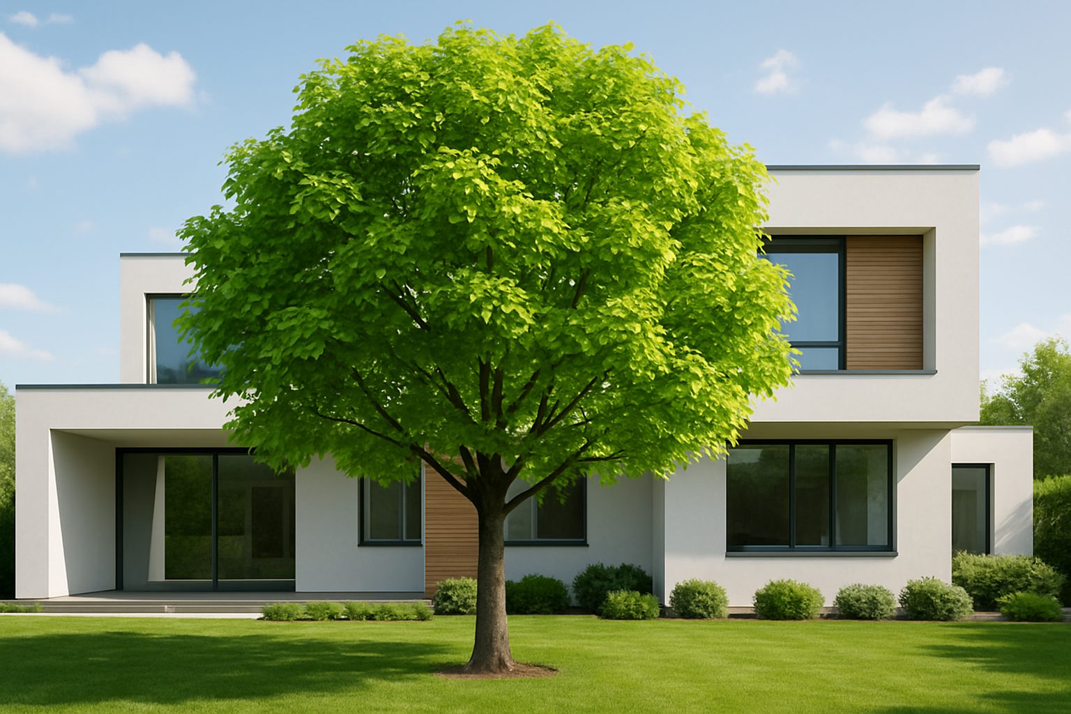 A well-maintained green tree in front of a modern house.