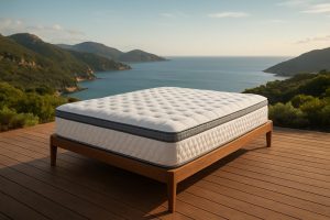 A mattress on a raised wooden base overlooking a serene ocean view with mountains in the background.