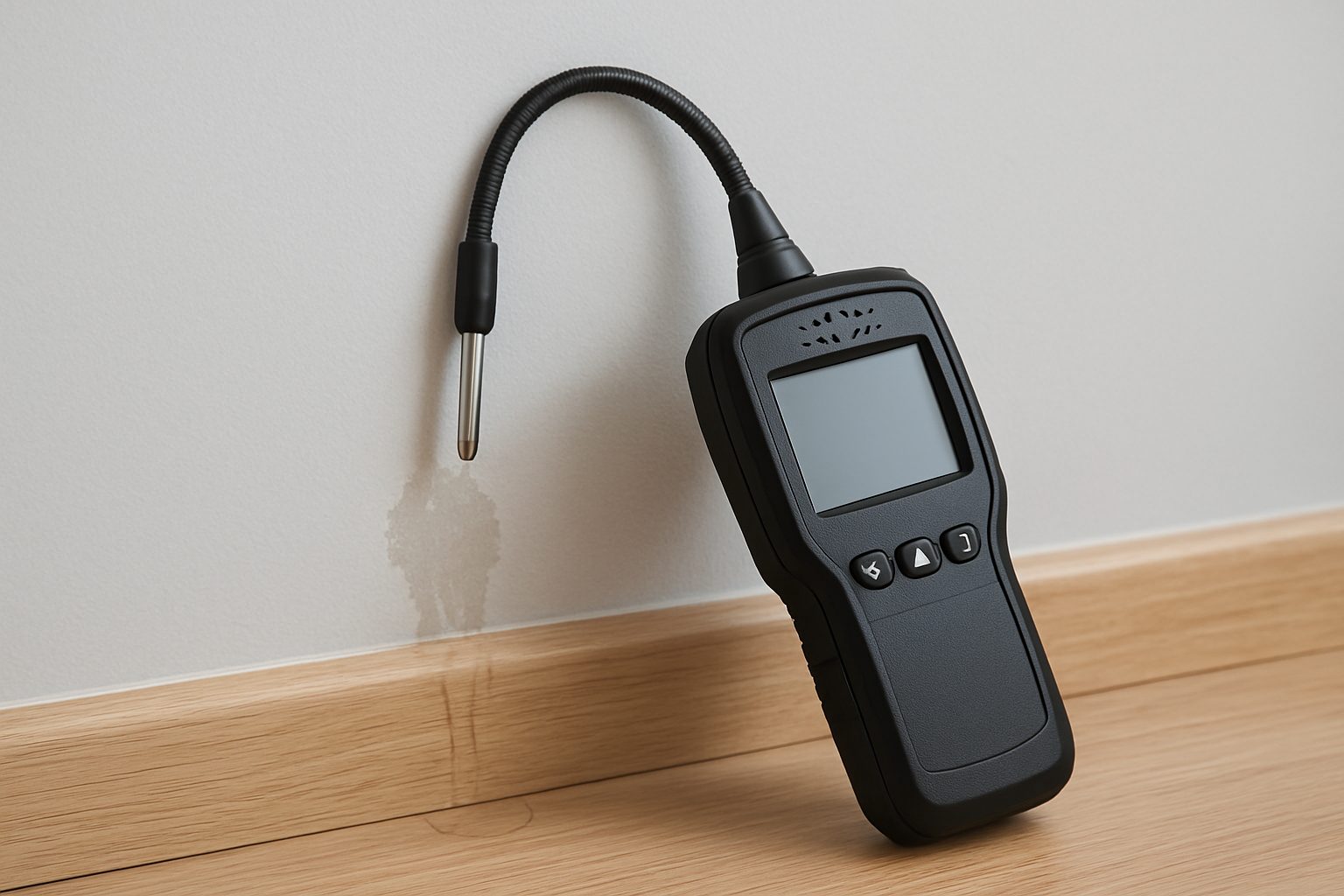 a leak detection device with a sensor positioned near a water stain on a wall