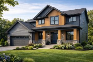 A modern house with a mix of gray siding and wooden accents, surrounded by a well-maintained lawn and garden.