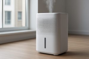 A modern dehumidifier releasing steam in a bright, minimalist room with a large window