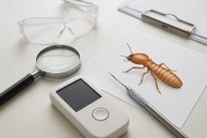 a magnifying glass, surgical tool, and electronic device alongside a detailed image of a termite on paper