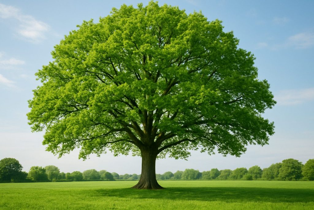 A lush green tree spreading its foliage in a clear sky, surrounded by grass and distant trees.