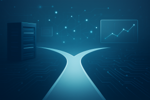 A digital representation of a fork in the road with a server on one side and a graph on the other, symbolizing decision-